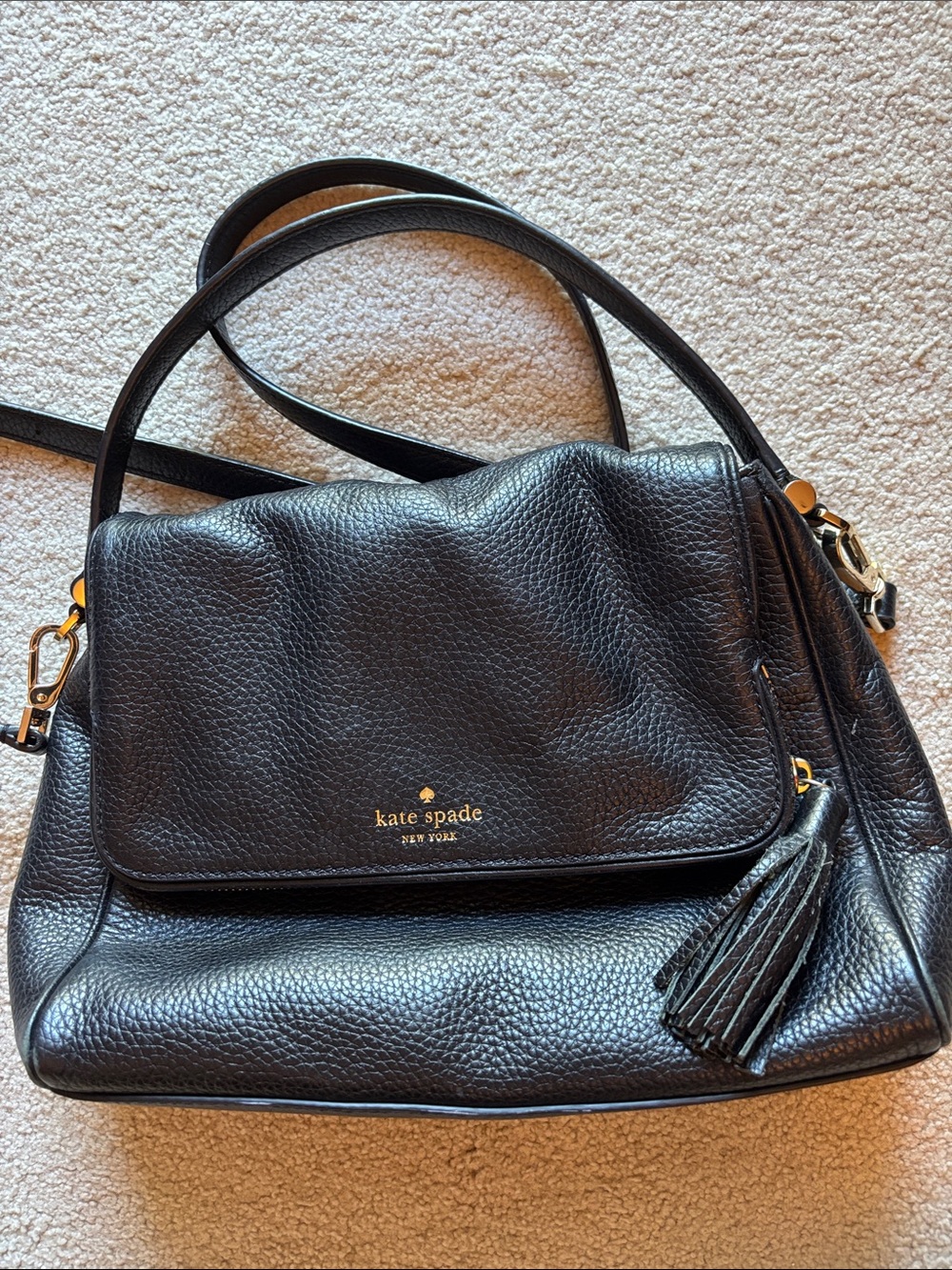 kate spade Black Pebbled Leather Shoulder Bag with Tassel